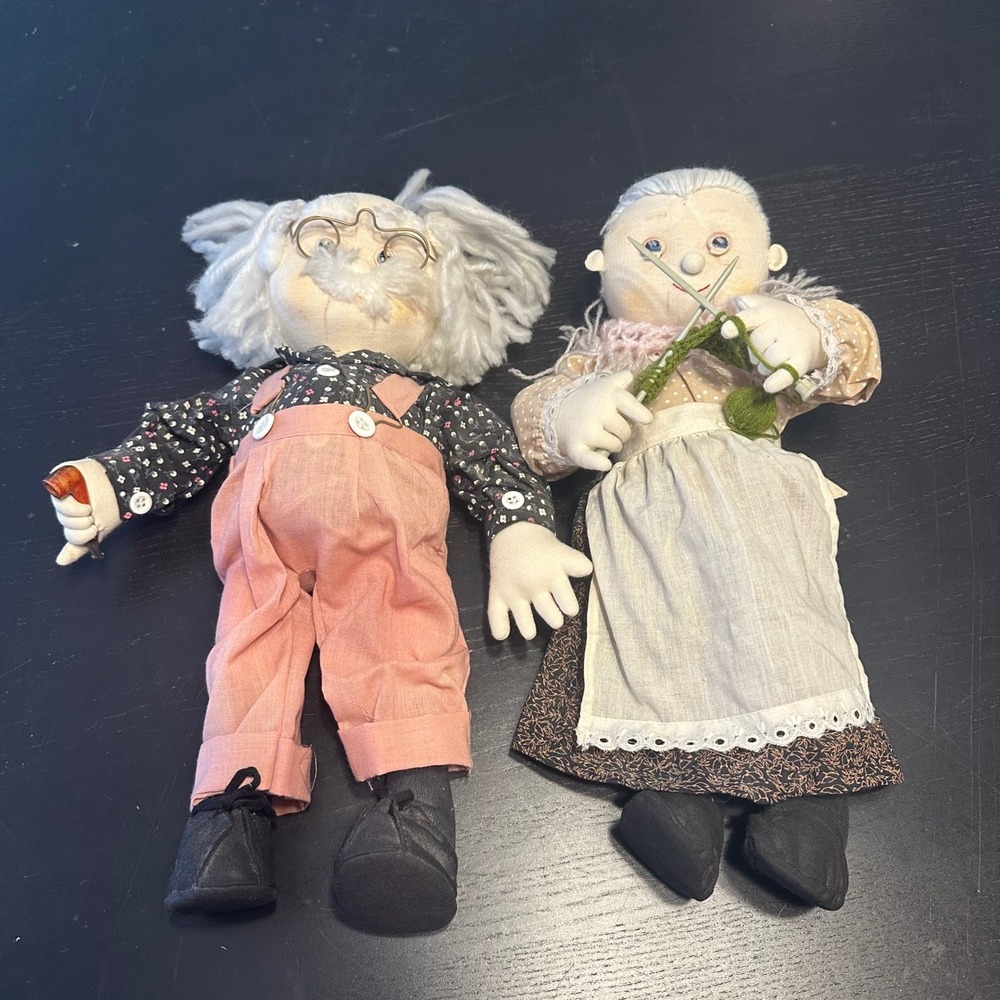 Vintage Handmade Soft Sculpture Grandpa and Grandma Dolls Folk Art Fabric Pair